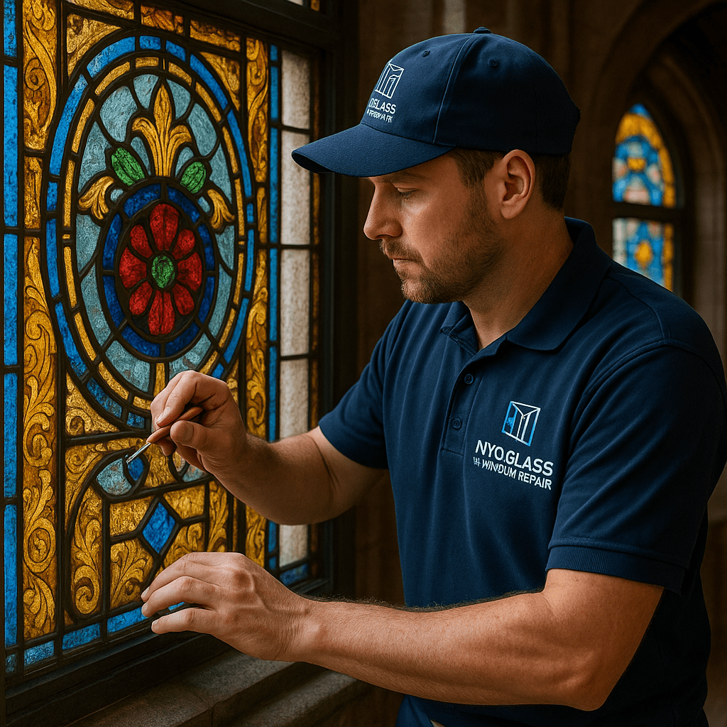 A craftsman carefully repairing a colorful stained glass window panel.