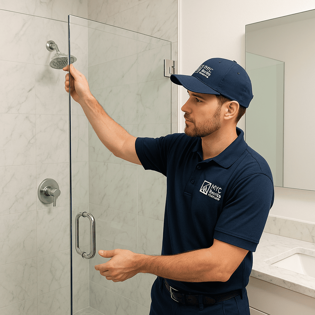 A modern bathroom featuring a custom frameless glass shower enclosure.