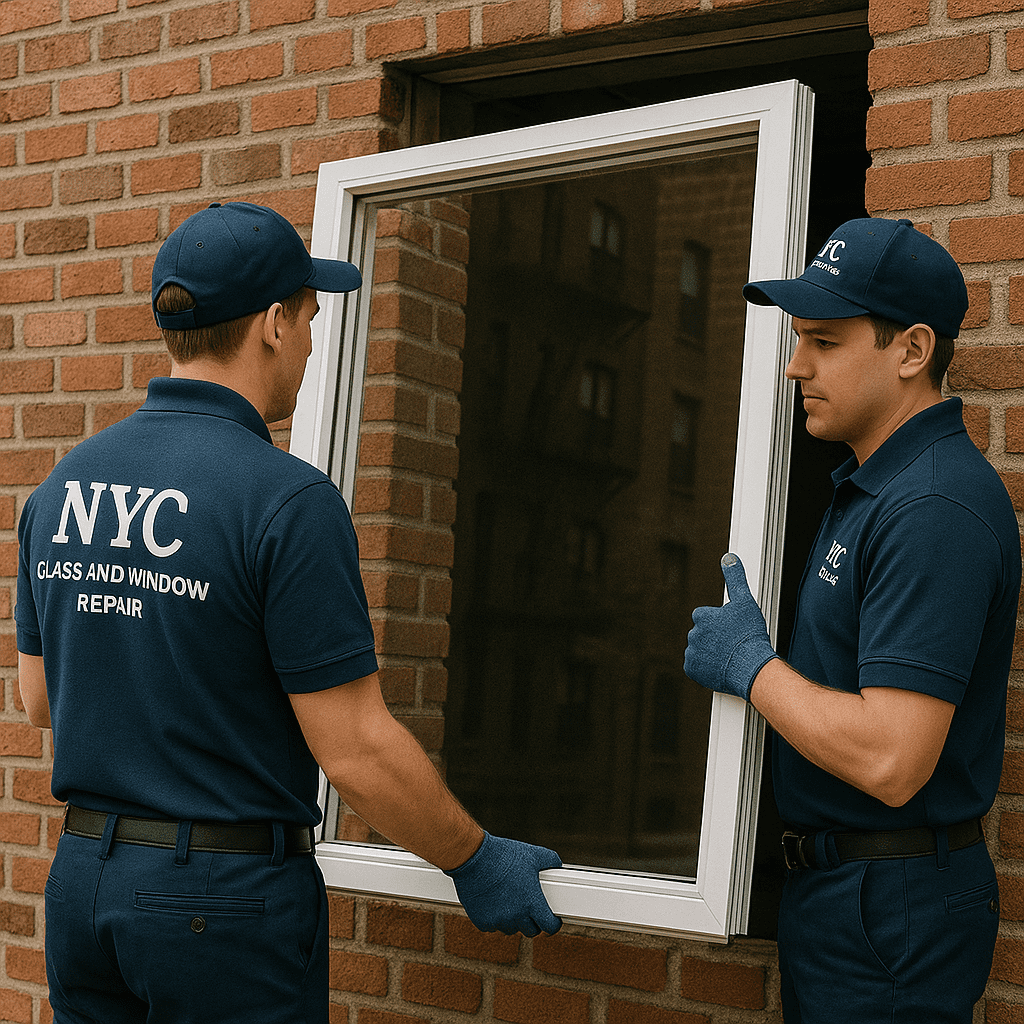 A team of professionals installing a large new window in a modern NYC apartment.
