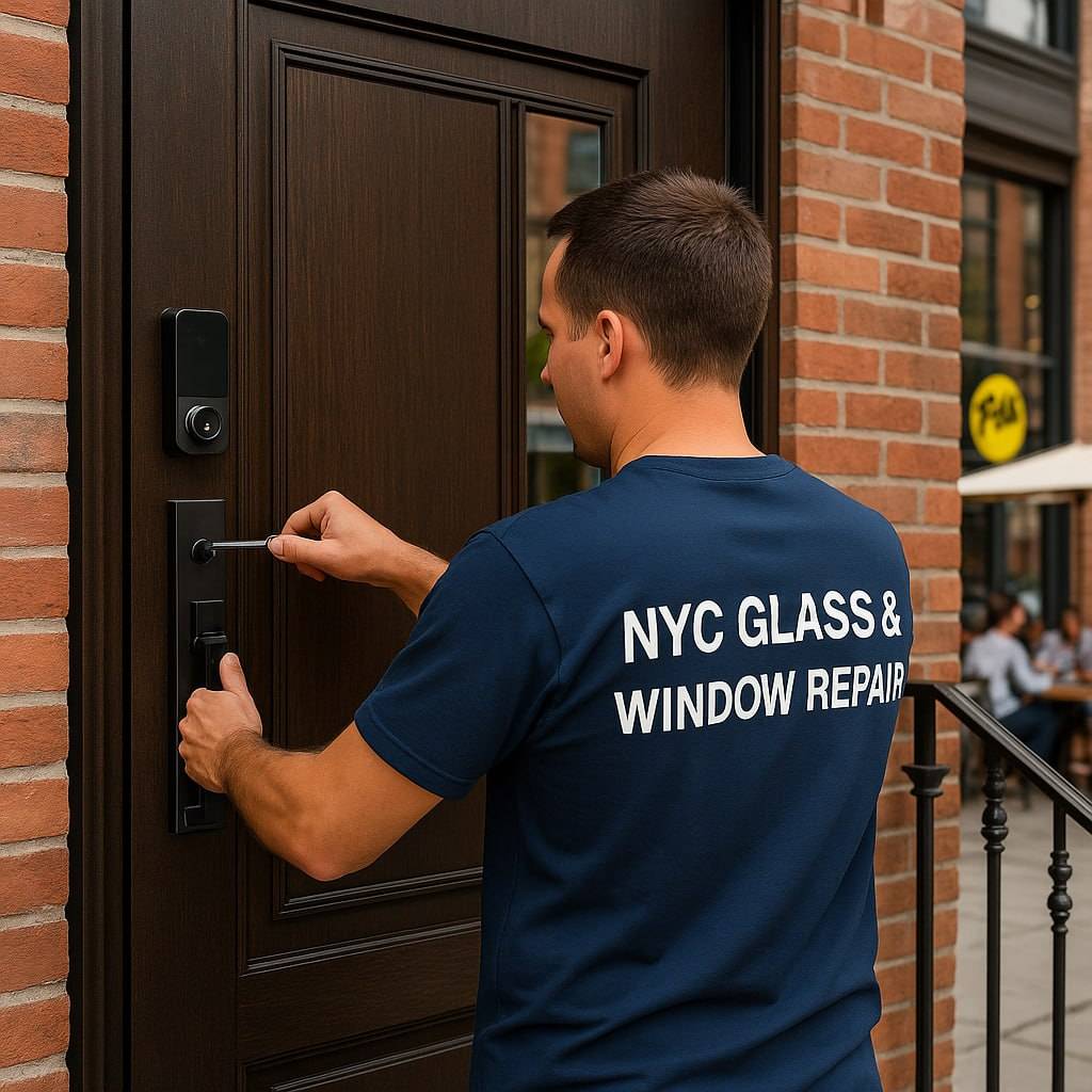 A newly installed modern front door on a residential building in NYC.