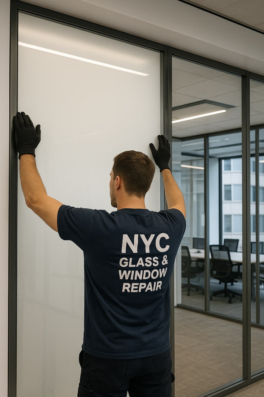 A modern office with smart glass partition that is partially opaque and partially transparent.