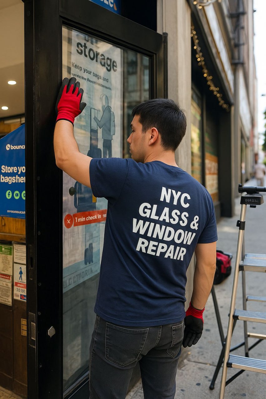 A professional glazier carefully installing a new pane of glass in a large window.