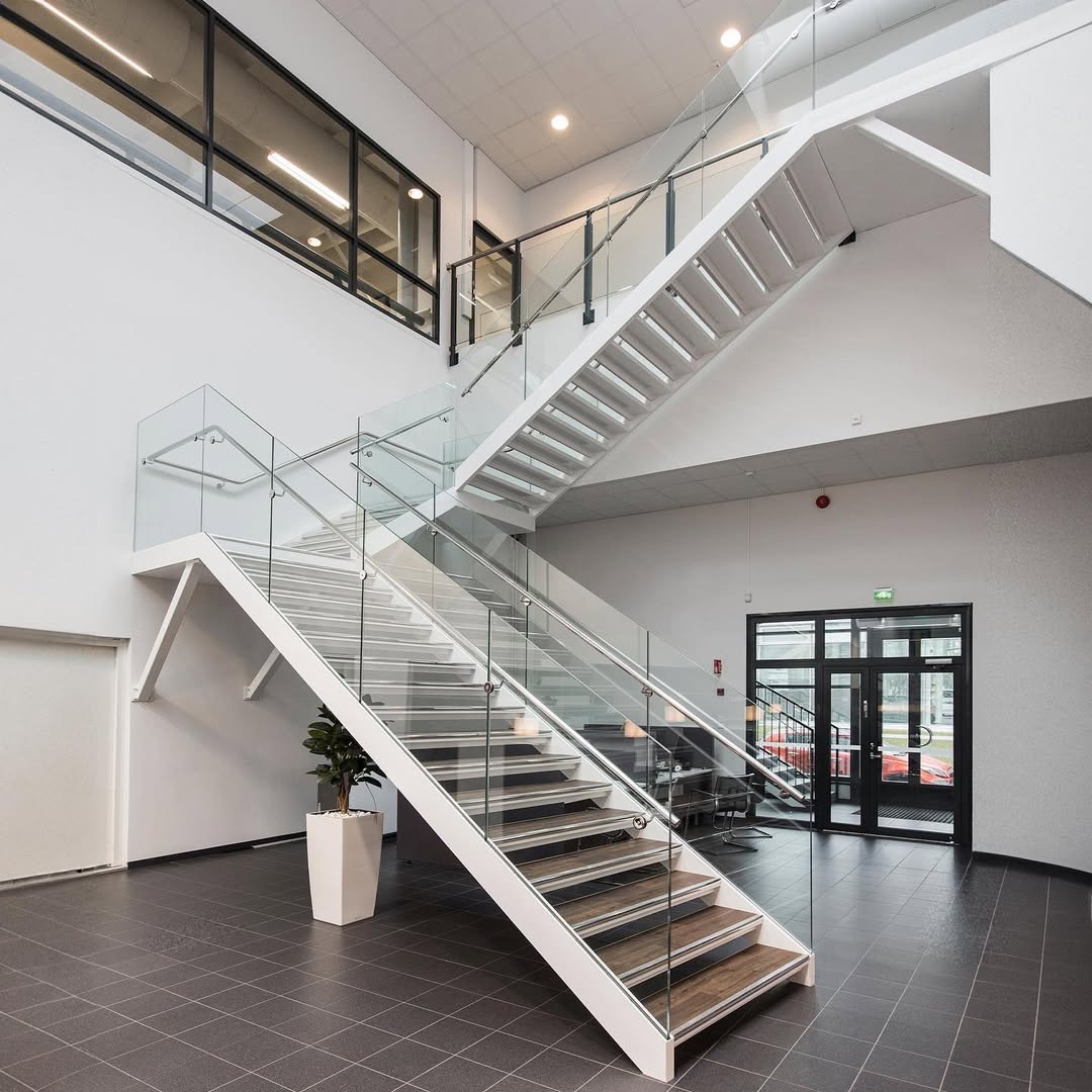 Close-up of glass railing hardware