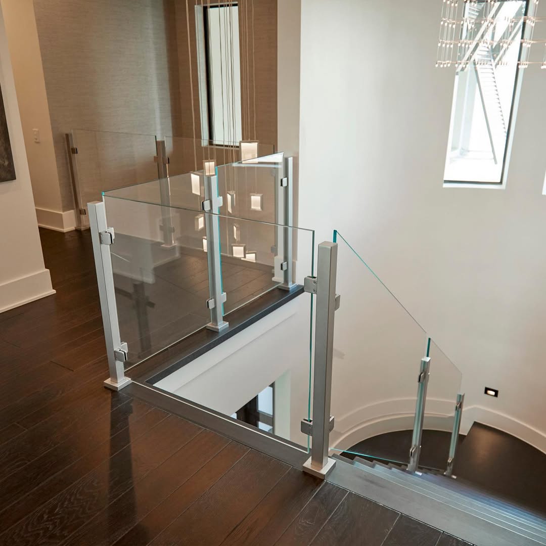 Interior glass staircase railing