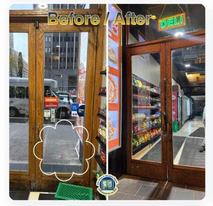 Newly installed modern front door on a residential building in NYC