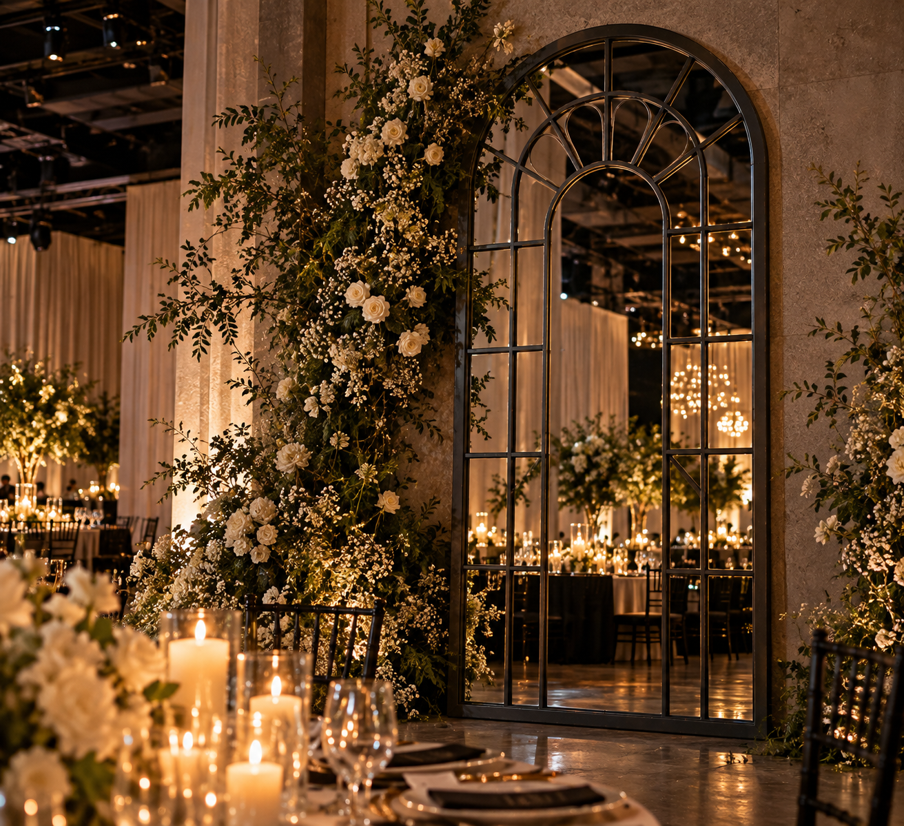 Candlelit Floral Mirror Banquet Setting - The Mirror Atelier