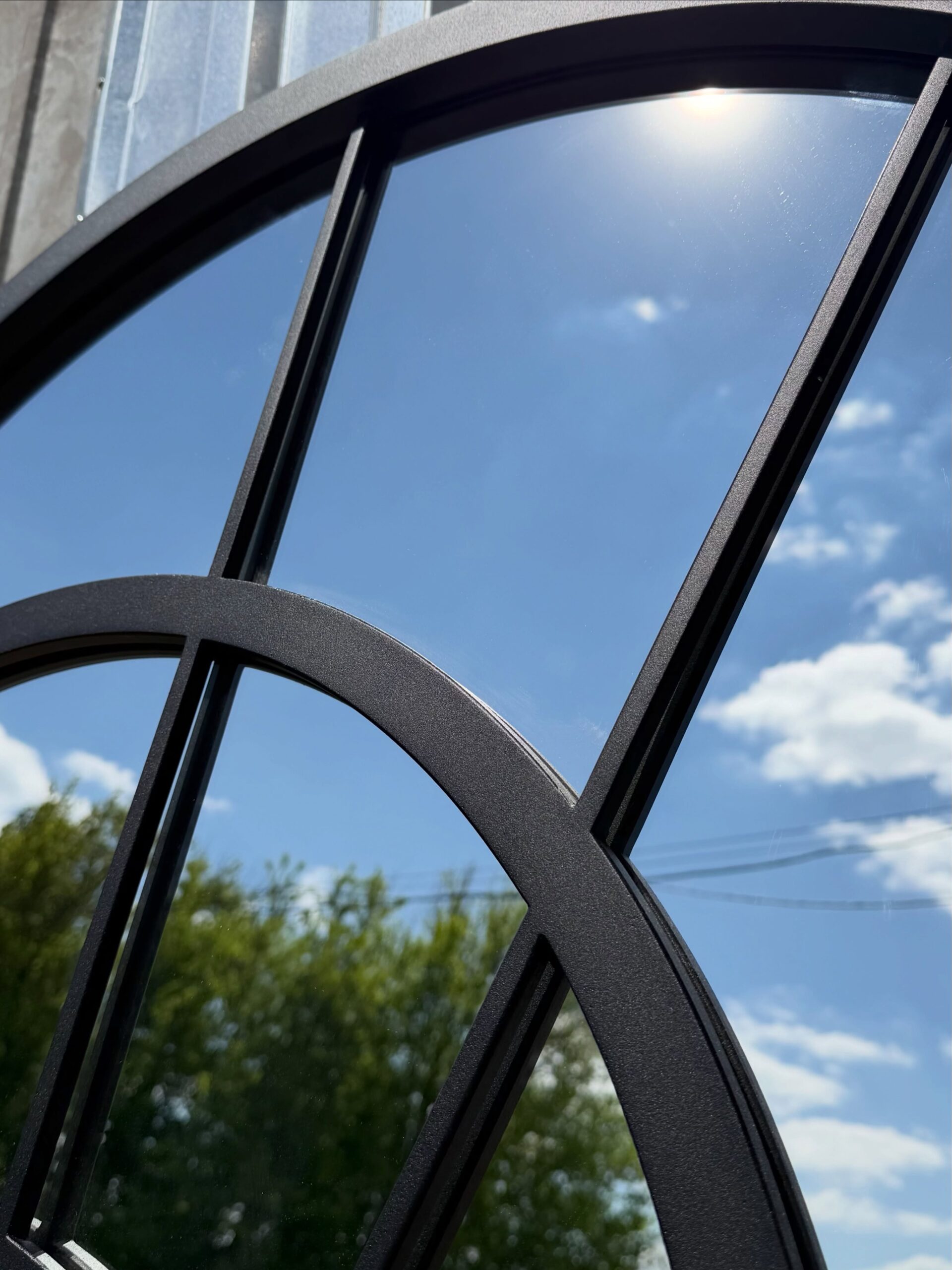 Custom Gothic arched mirror with antique style decorative glass border