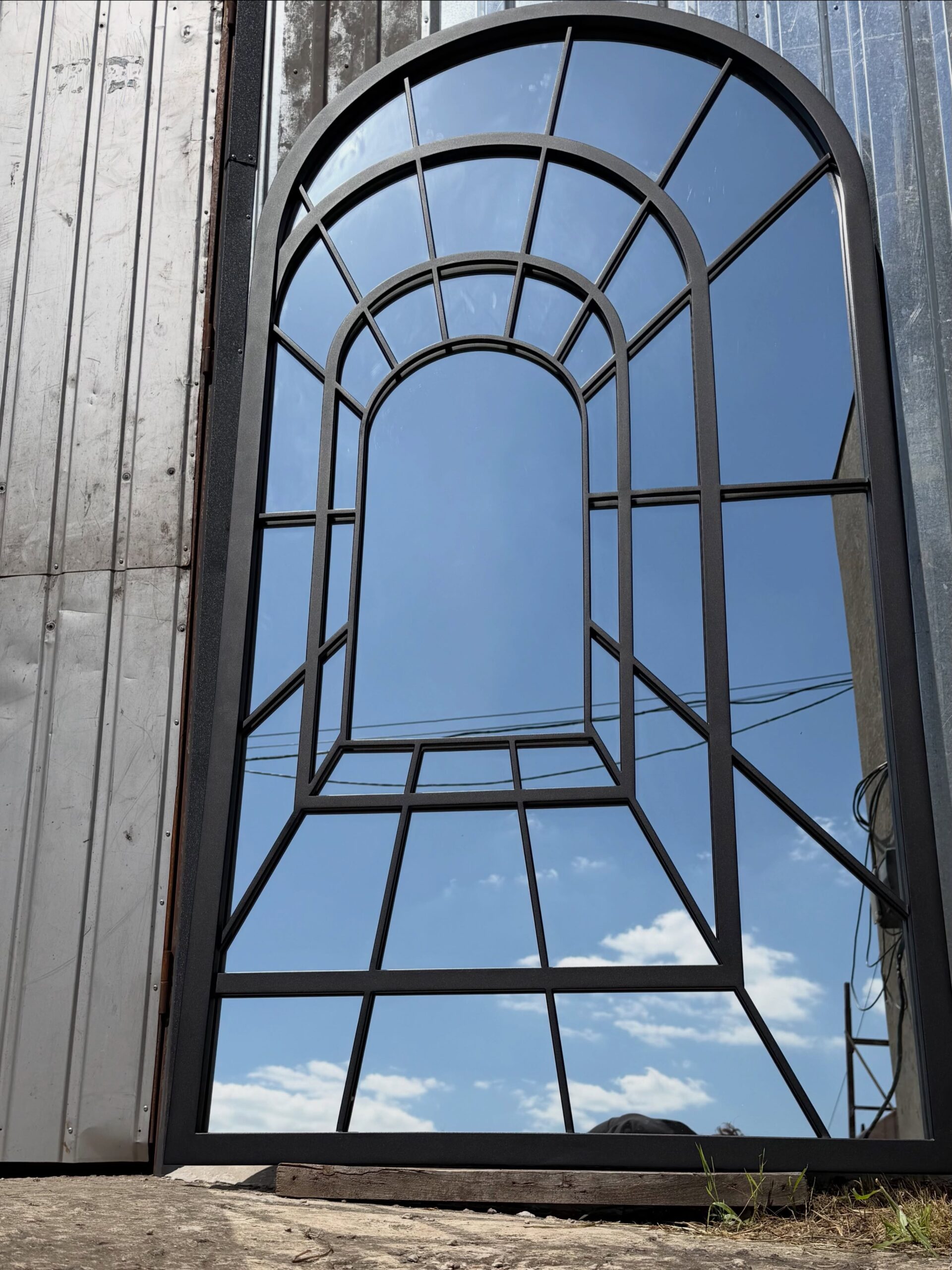 Custom handmade Gothic arched steel mirror with decorative frame